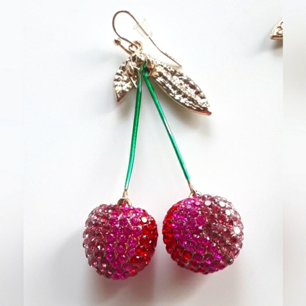 💚2/$25💚 Cherry Rhinestone Earrings Pink And Gold Women's Jewelry